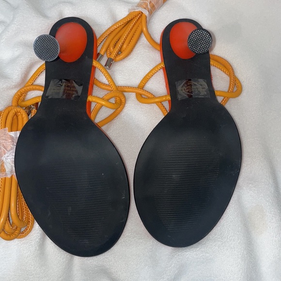 EGO GLOAMING LACE UP QUILTED INSOLE OPEN TOE SCULPTURED ROUND BLOCK HEEL -ORANGE - Picture 7 of 10